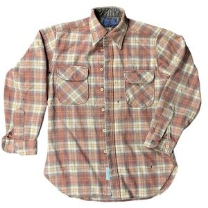 Vtg Pendleton Flannel Shirt Long Sleeve Plaid Brown Cream Wool Mens Med See Note